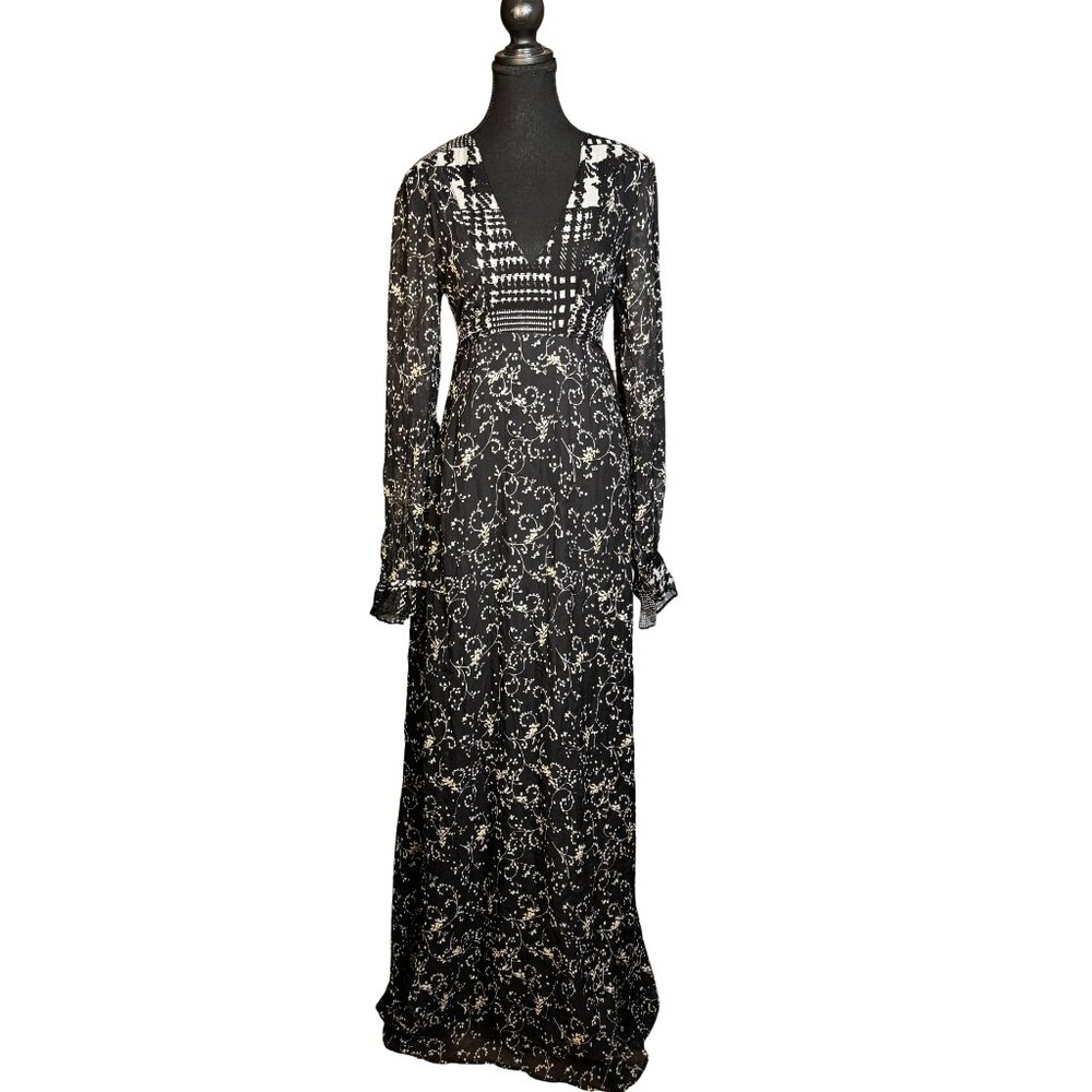 Winter Kate 100% Silk Maxi Dress Black Boho Luxe Sheer Sleeve Romantic